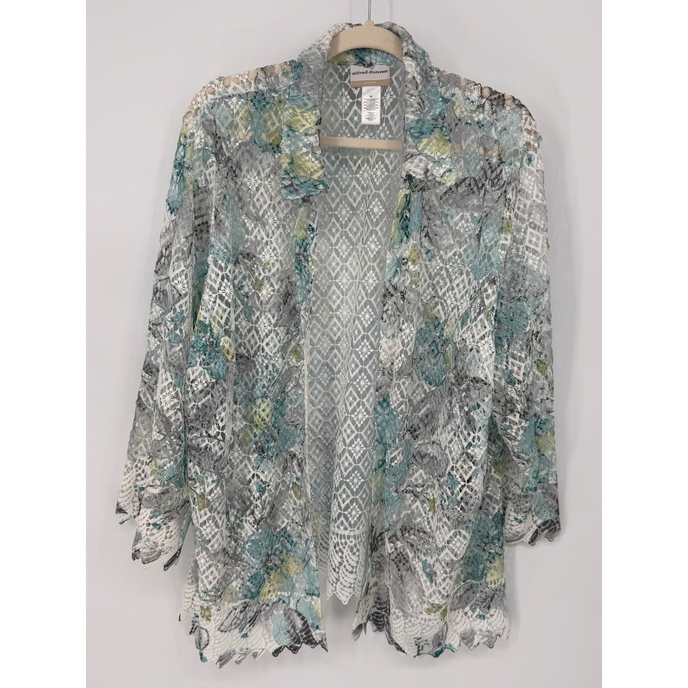 Alfred Dunner Cardigan Woman 3X White Teal EUC Floral Lace Open Front Topper